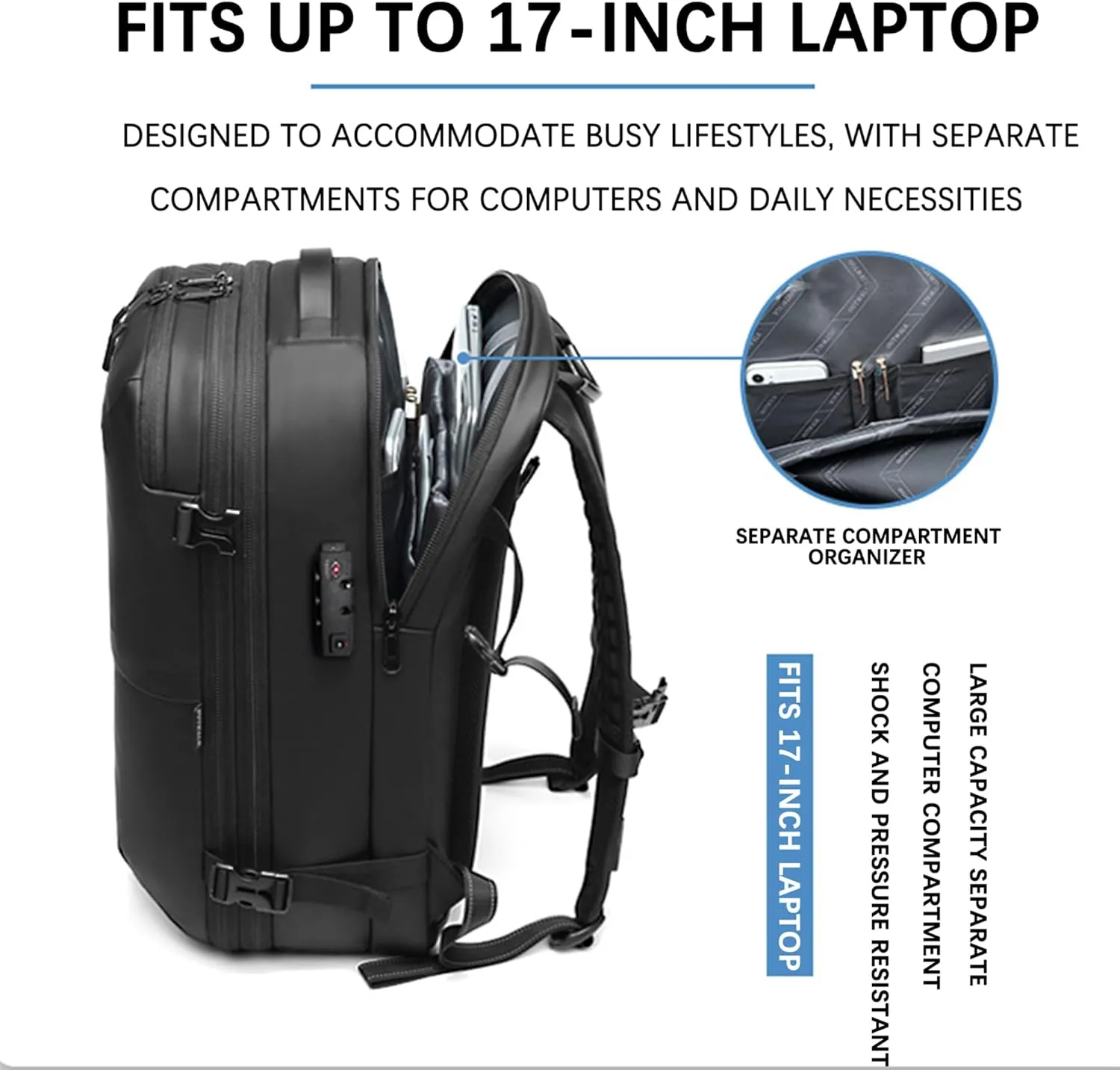 VacPack Backpack with Vacuum, 60L Airback Backpack, Waterproof with TSA Lock, Compression Feature, Fits 17 Laptop, Ideal for Airplane Travel (Blue)