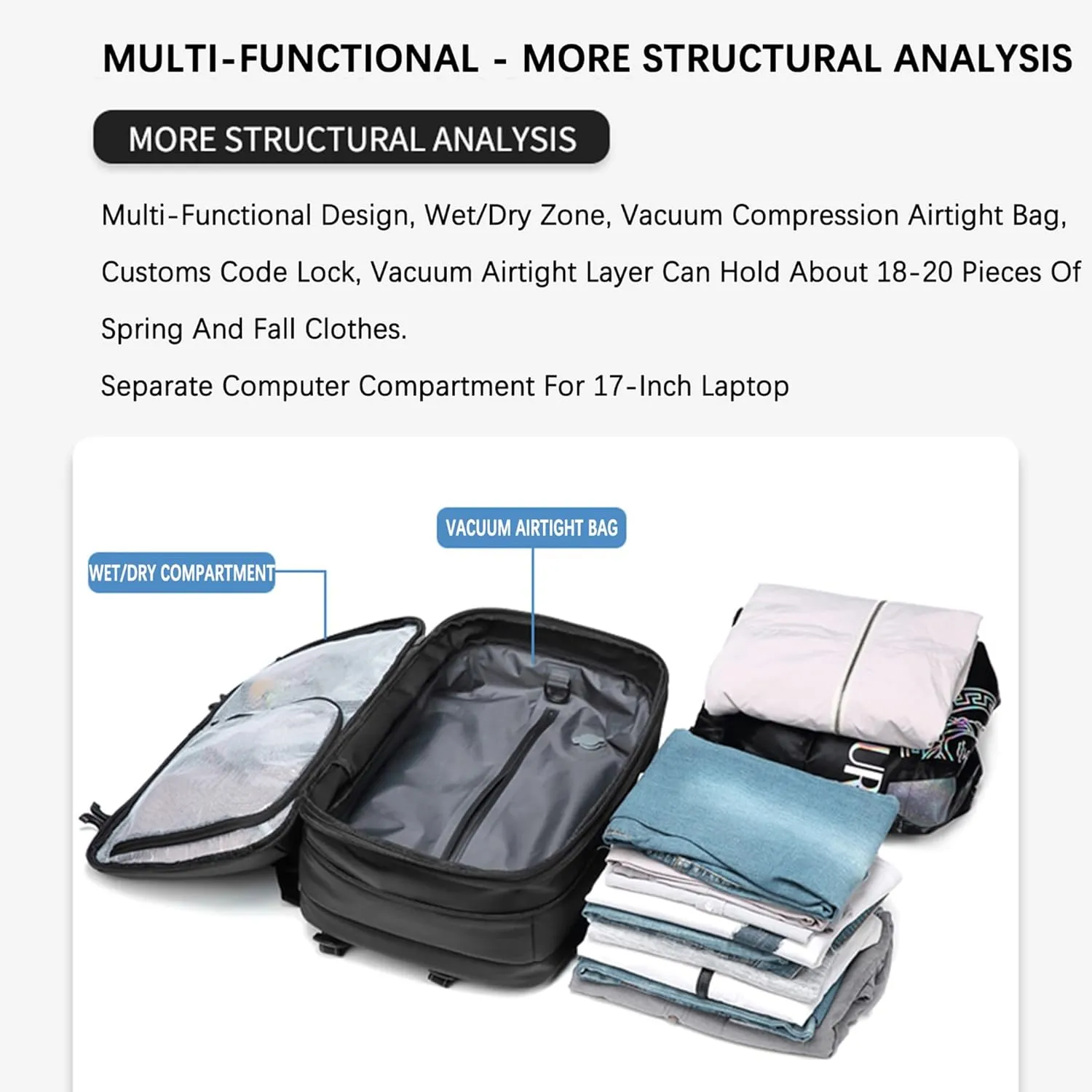 VacPack Backpack with Vacuum, 60L Airback Backpack, Waterproof with TSA Lock, Compression Feature, Fits 17 Laptop, Ideal for Airplane Travel (Blue)