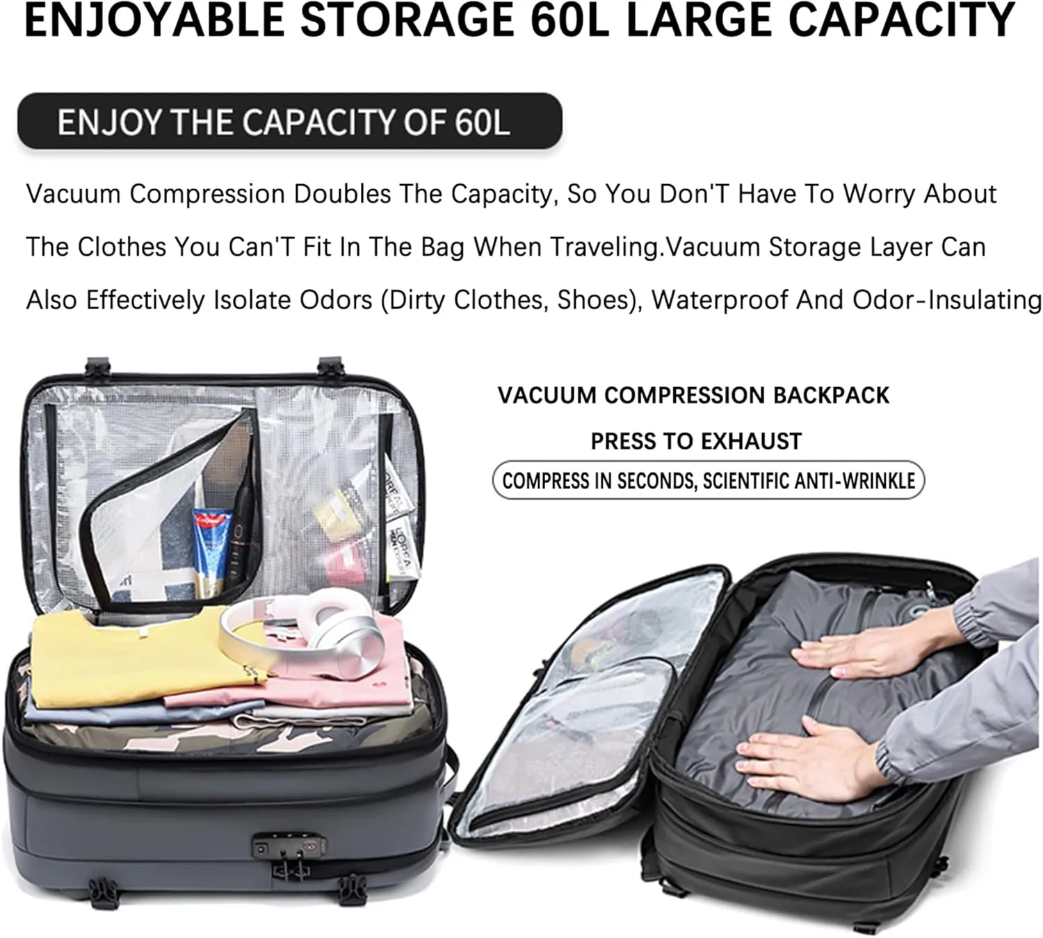 VacPack Backpack with Vacuum, 60L Airback Backpack, Waterproof with TSA Lock, Compression Feature, Fits 17 Laptop, Ideal for Airplane Travel (Dark Gray)