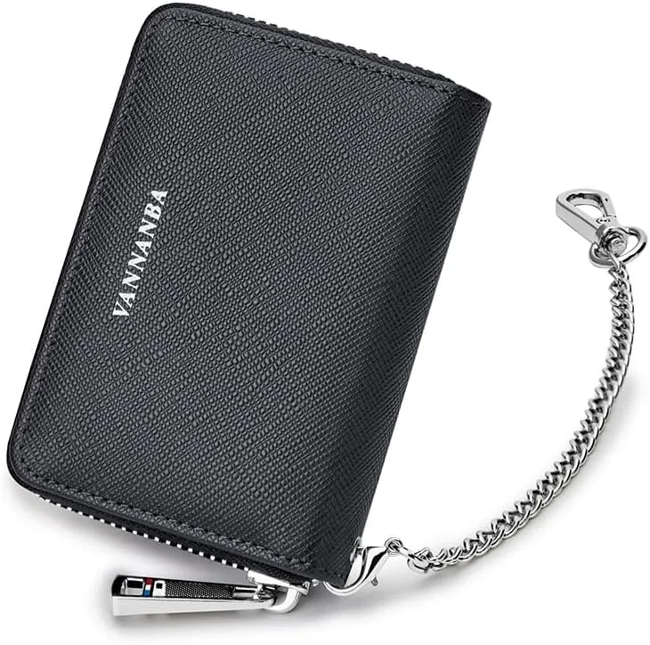VANNANBA Chain Wallet Zipper Large Capacity Organizer Accordion Wallet Genuine Leather Purse RFID Blocking Wallet for Men,black10