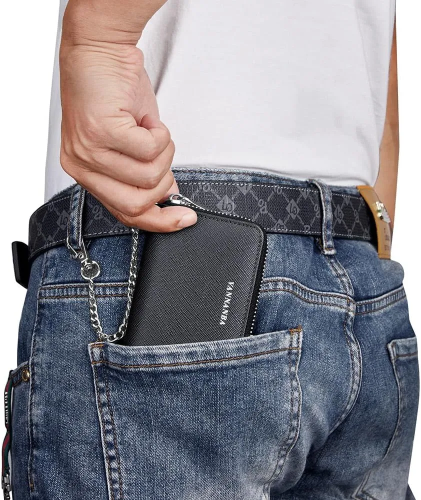 VANNANBA Chain Wallet Zipper Large Capacity Organizer Accordion Wallet Genuine Leather Purse RFID Blocking Wallet for Men,black10