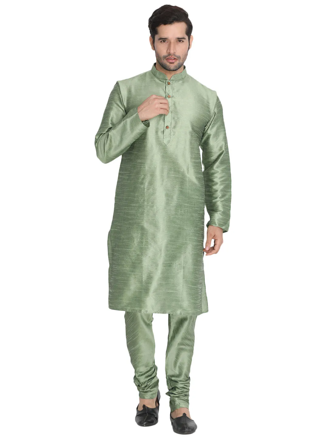 VASTRAMAY Light Green Cotton Silk Kurta Set