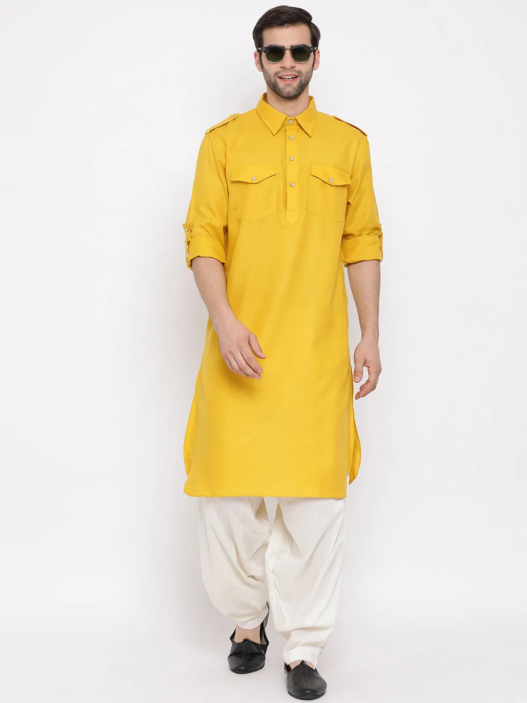 VASTRAMAY Mustard Cotton Pathani Suit Set