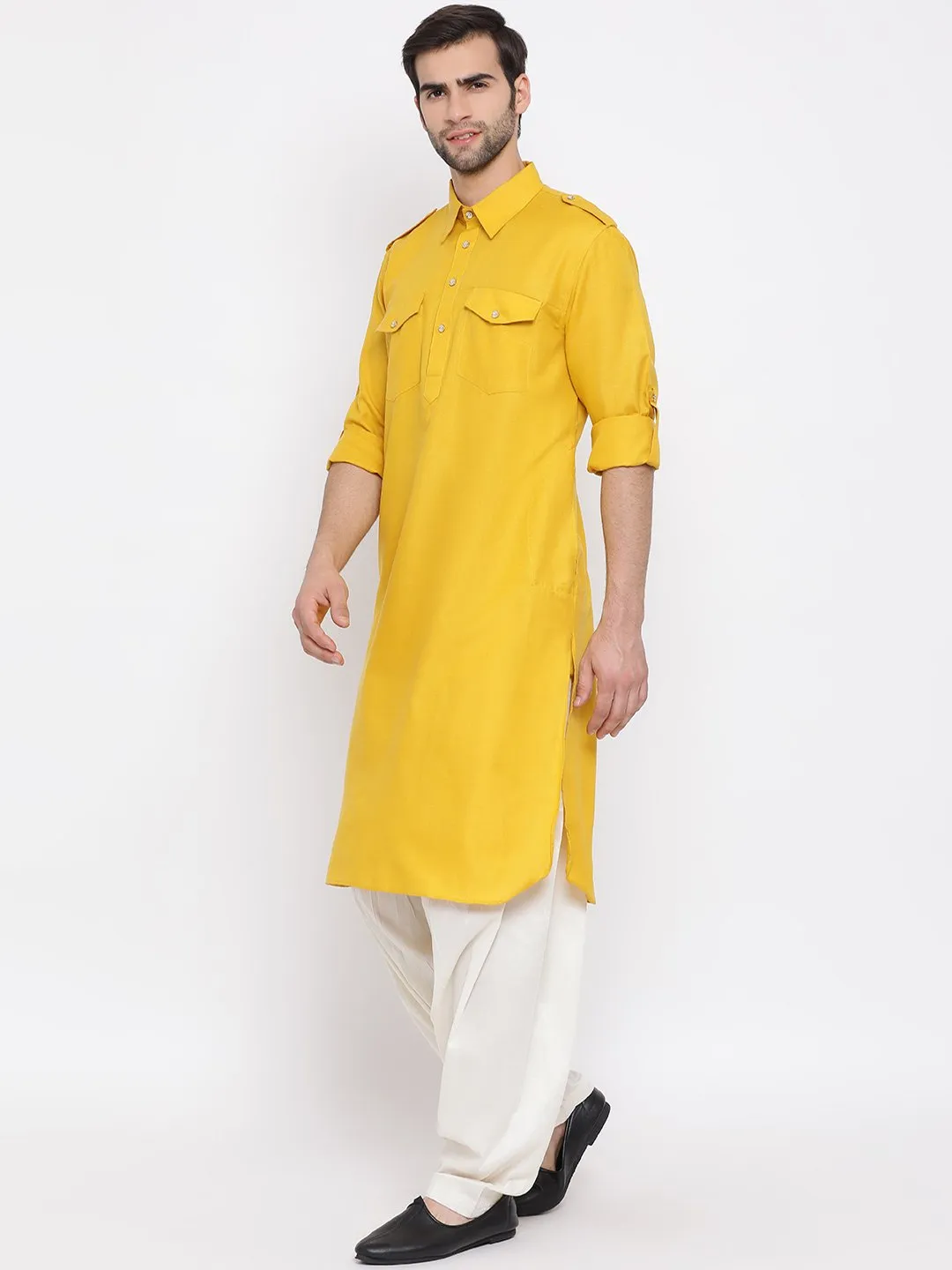VASTRAMAY Mustard Cotton Pathani Suit Set