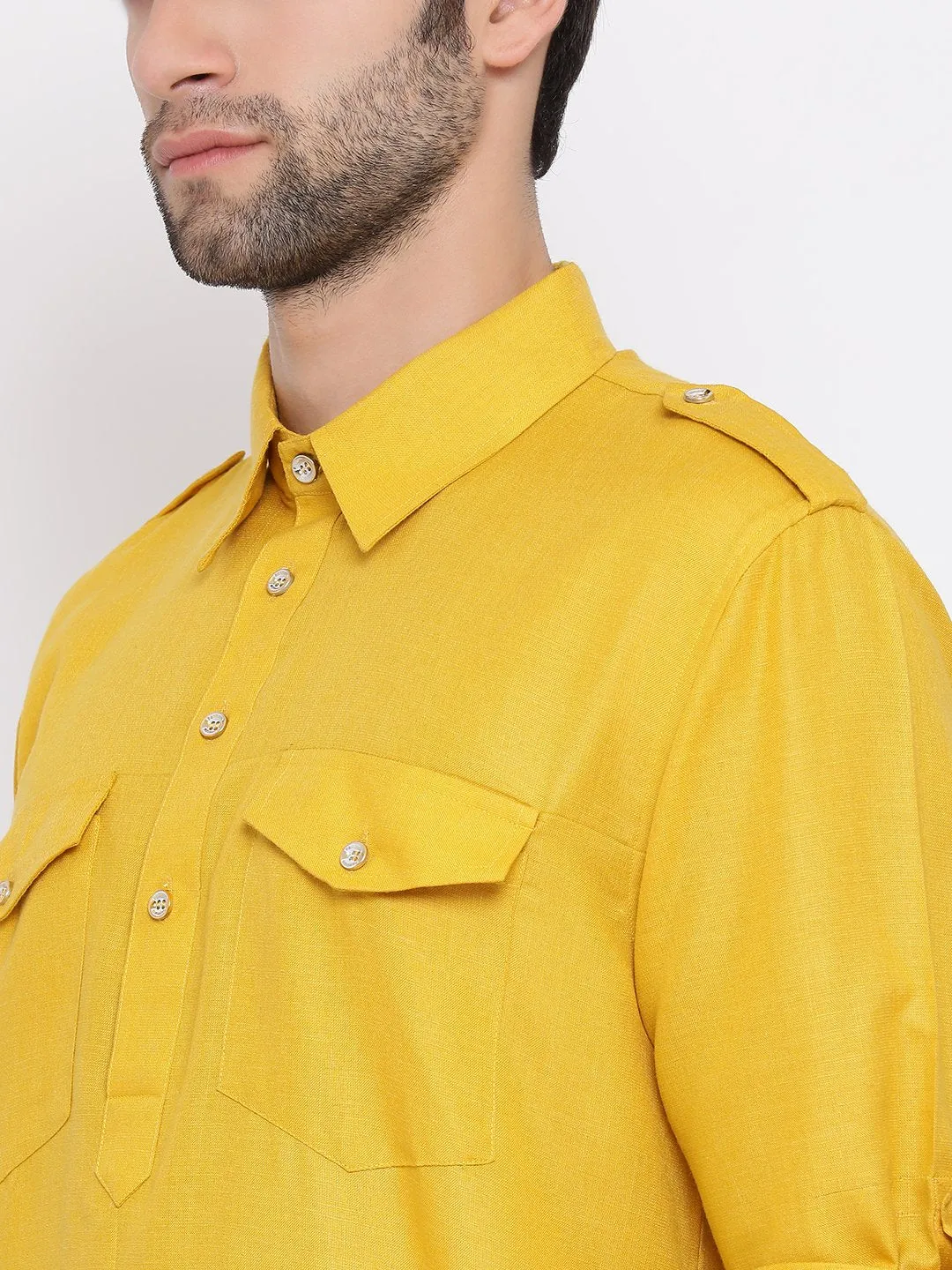VASTRAMAY Mustard Cotton Pathani Suit Set