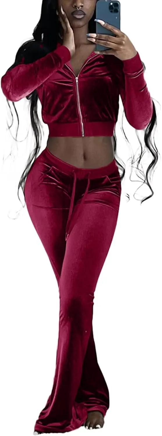 Velour Tracksuit Womens 2 Piece Outfits Zip Up Cropped Jacket Top and Flare Pants Sweatsuits