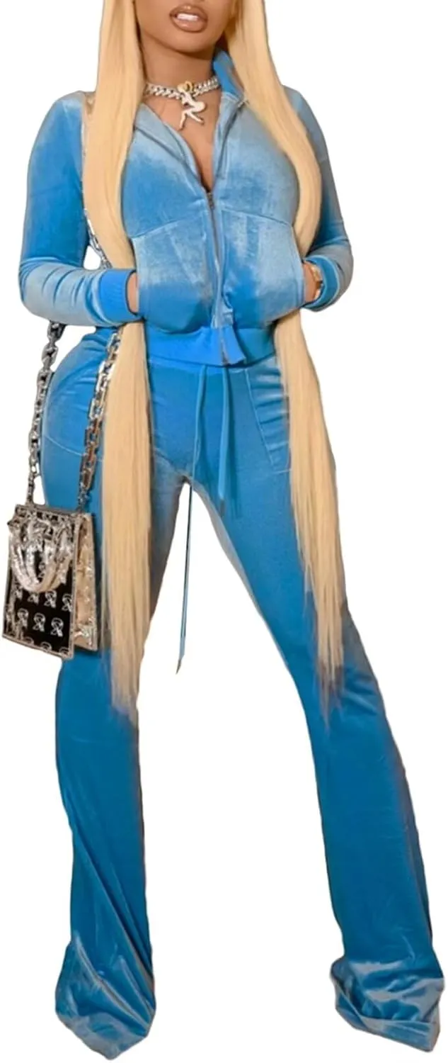 Velour Tracksuit Womens 2 Piece Outfits Zip Up Cropped Jacket Top and Flare Pants Sweatsuits