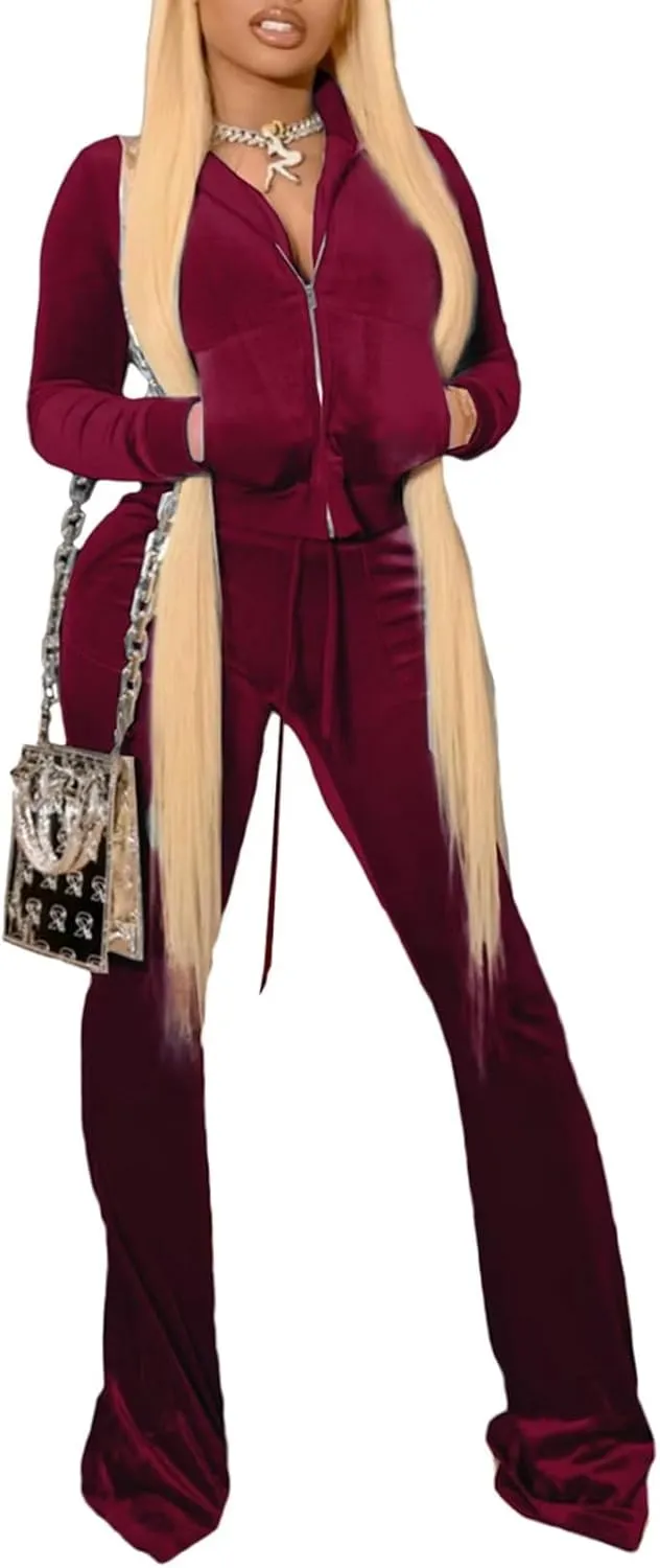 Velour Tracksuit Womens 2 Piece Outfits Zip Up Cropped Jacket Top and Flare Pants Sweatsuits