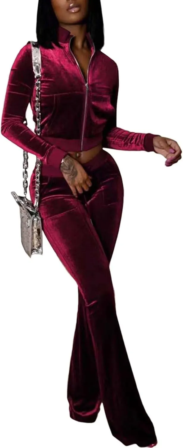 Velour Tracksuit Womens 2 Piece Outfits Zip Up Cropped Jacket Top and Flare Pants Sweatsuits