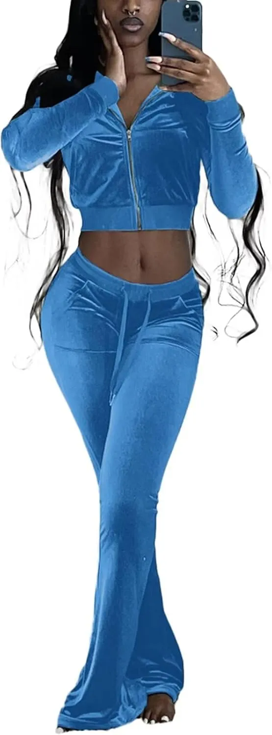 Velour Tracksuit Womens 2 Piece Outfits Zip Up Cropped Jacket Top and Flare Pants Sweatsuits