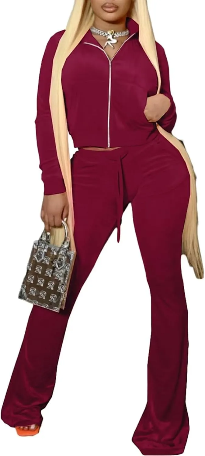 Velour Tracksuit Womens 2 Piece Outfits Zip Up Cropped Jacket Top and Flare Pants Sweatsuits
