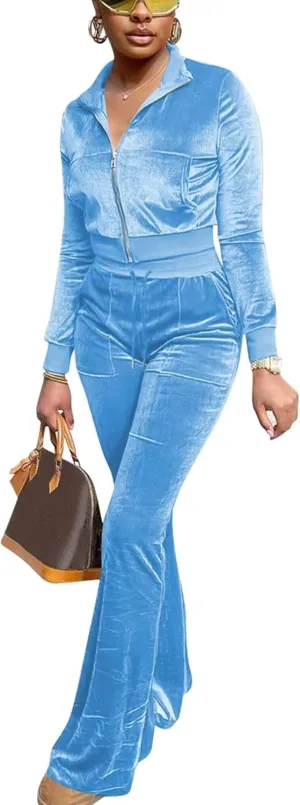 Velour Tracksuit Womens 2 Piece Outfits Zip Up Cropped Jacket Top and Flare Pants Sweatsuits
