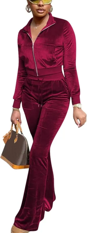 Velour Tracksuit Womens 2 Piece Outfits Zip Up Cropped Jacket Top and Flare Pants Sweatsuits