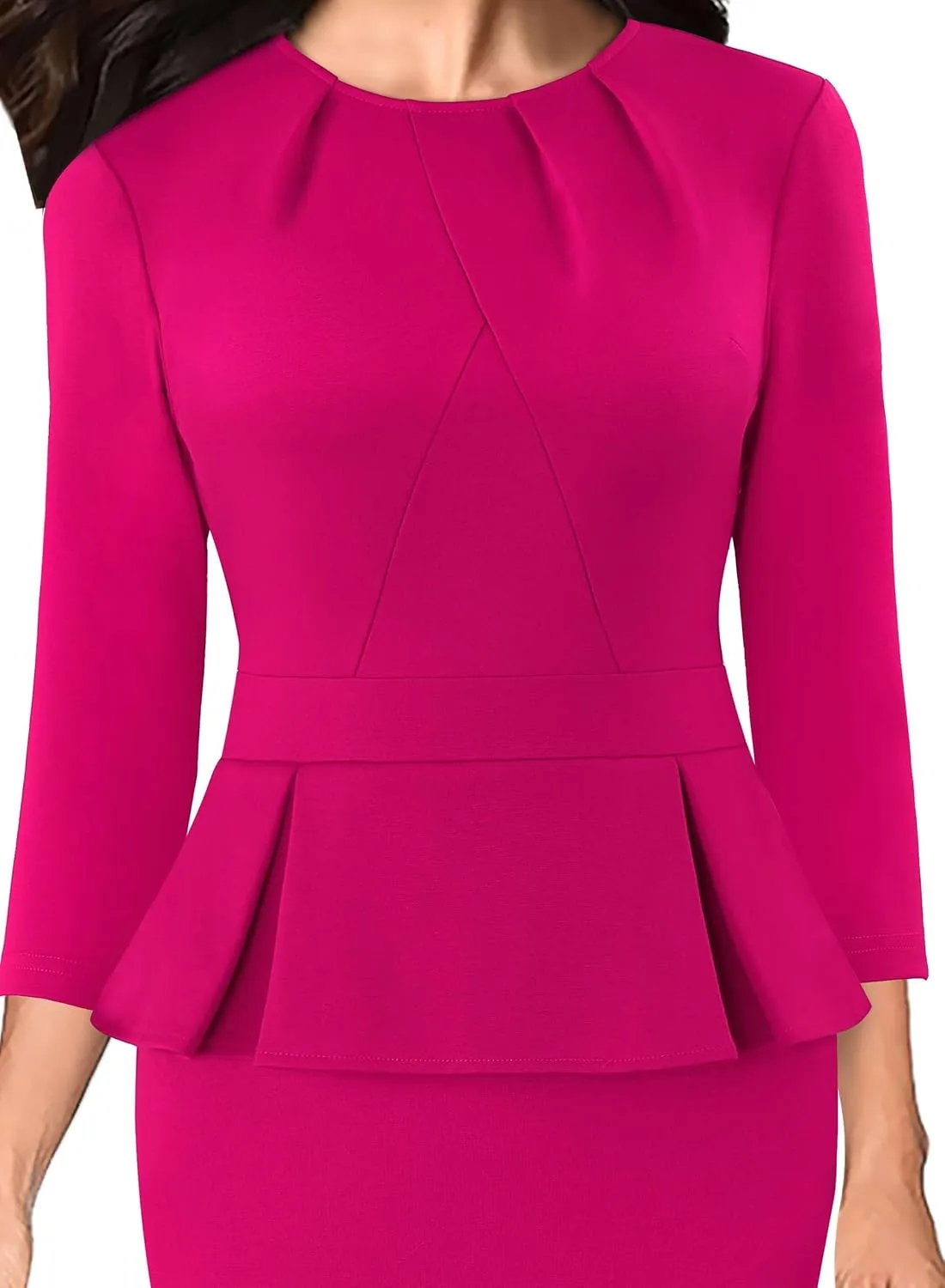 VFSHOW Womens Pleated Crew Neck Peplum Work Business Office Bodycon Pencil Sheath Dress