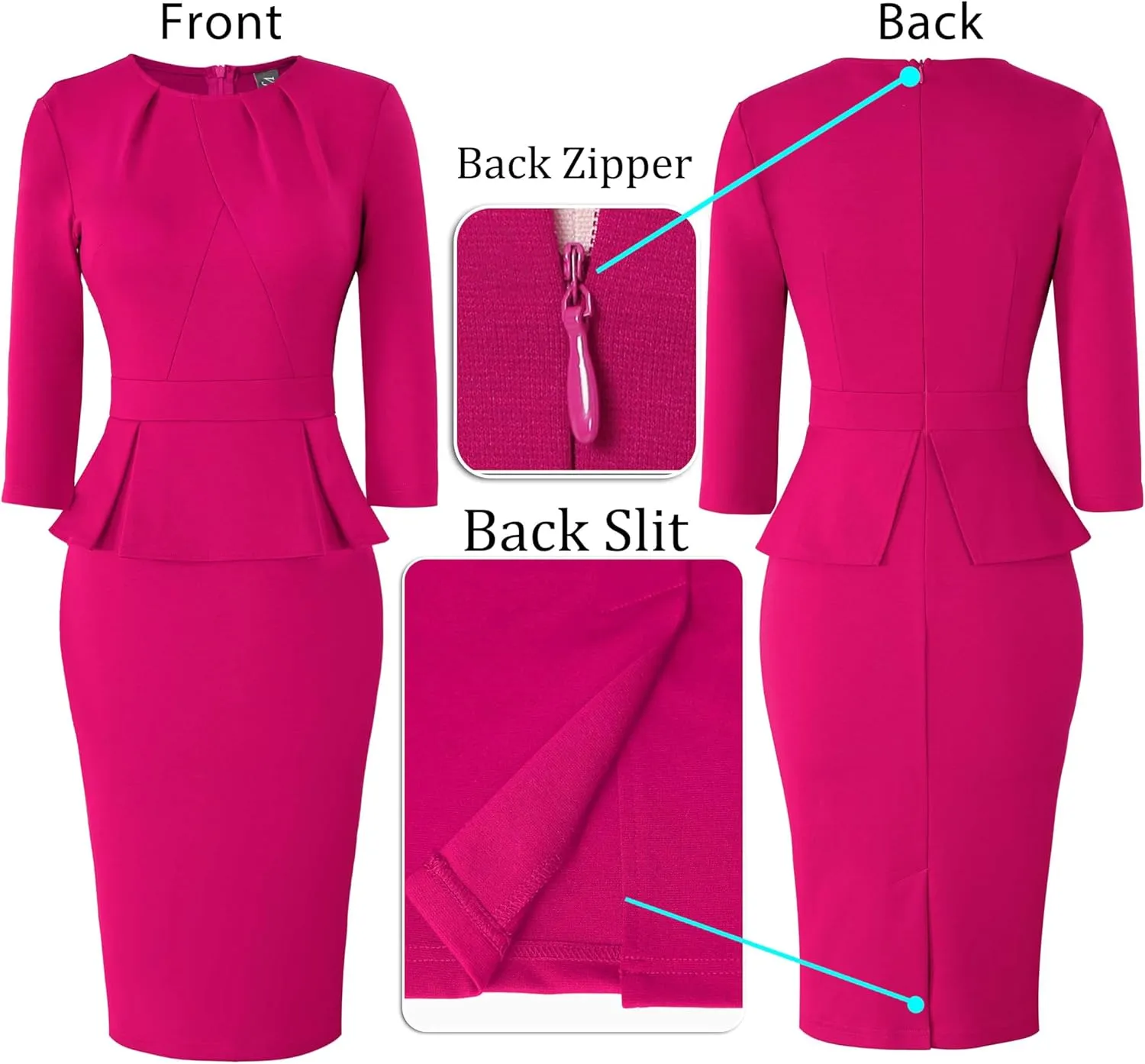 VFSHOW Womens Pleated Crew Neck Peplum Work Business Office Bodycon Pencil Sheath Dress