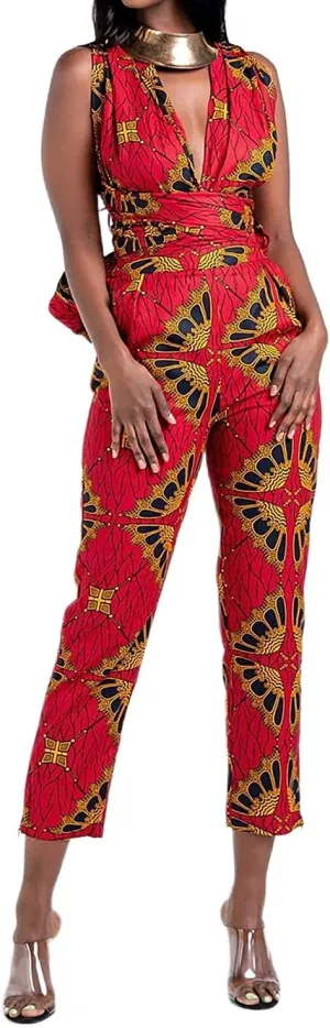 Vimoisa Women Sexy Boho African Jumpsuits Printing Rompers V-Neck Multi-Way Wide Leg Pants