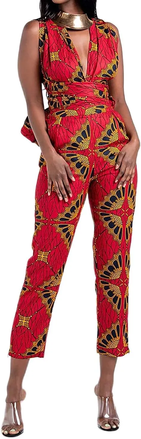 Vimoisa Women Sexy Boho African Jumpsuits Printing Rompers V-Neck Multi-Way Wide Leg Pants