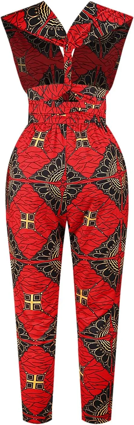 Vimoisa Women Sexy Boho African Jumpsuits Printing Rompers V-Neck Multi-Way Wide Leg Pants