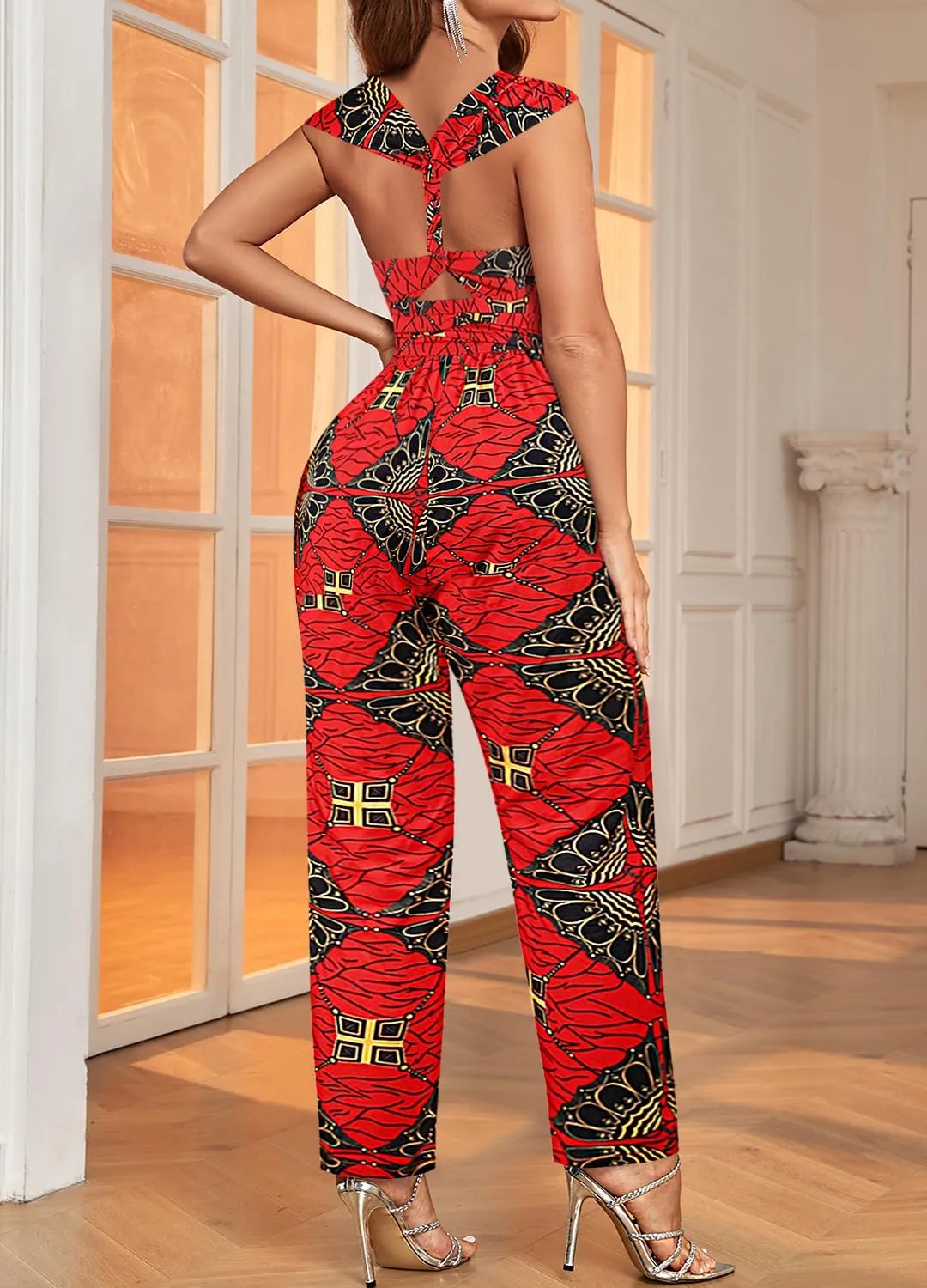 Vimoisa Women Sexy Boho African Jumpsuits Printing Rompers V-Neck Multi-Way Wide Leg Pants