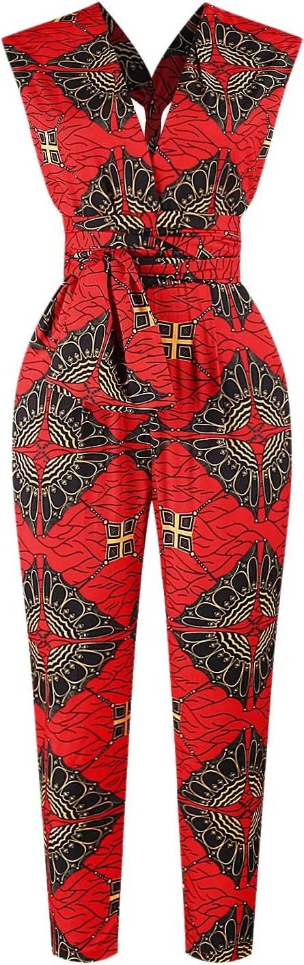 Vimoisa Women Sexy Boho African Jumpsuits Printing Rompers V-Neck Multi-Way Wide Leg Pants