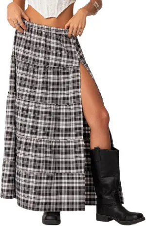 Vintage Plaid Maxi Skirts for Women Y2K Elastic Waist Side Slit Tiered Skirt Summer Flowy Gingham A Line Long Skirt