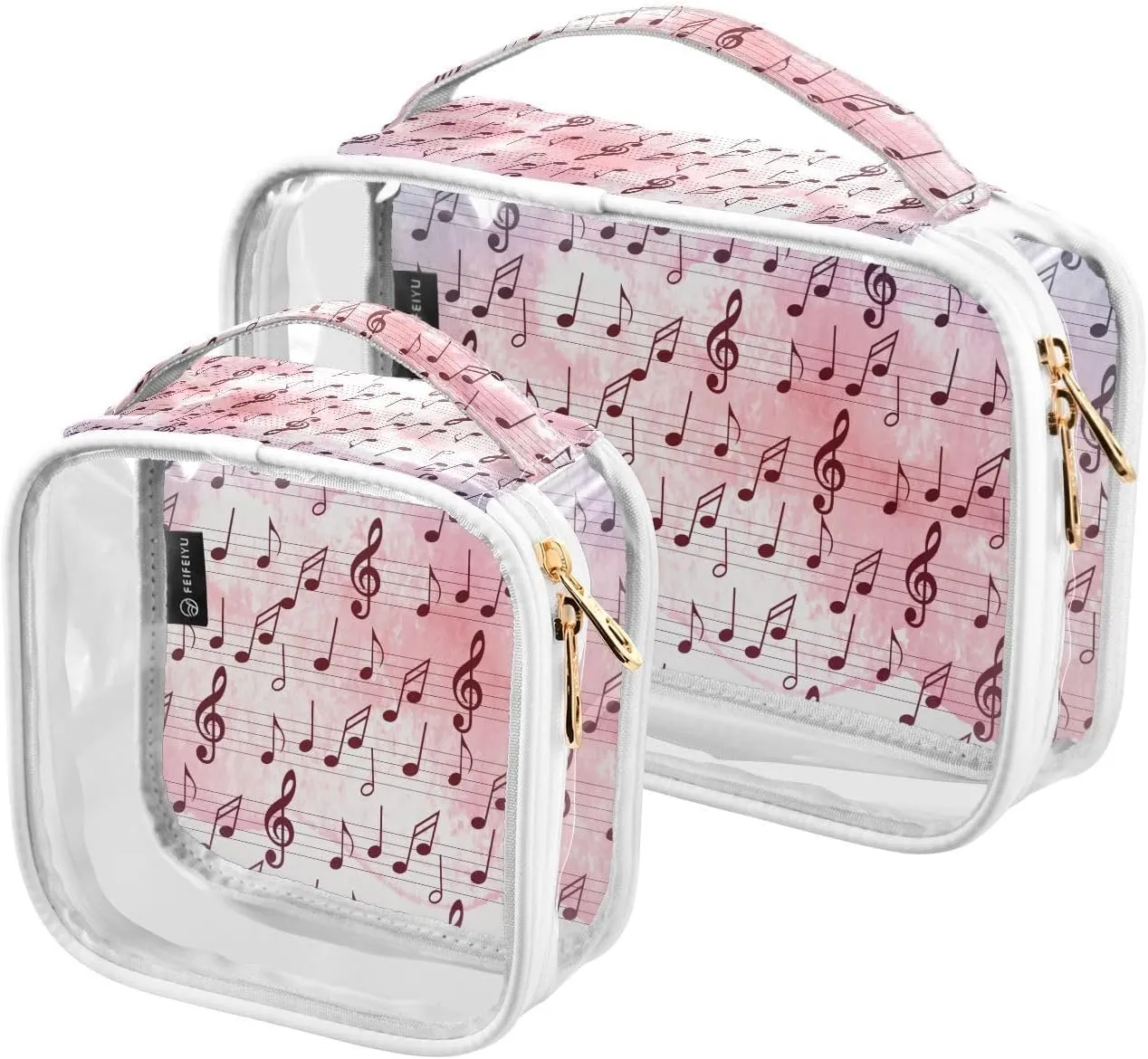Watercolor-full-musical Notes Print 2 Pack Clear Toiletry Bag Women Men, Portable Waterproof Clear Pouch, Cosmetic Bag with Double Zippers Large Opening Traveling with Handle for Bathroom Traveling Va