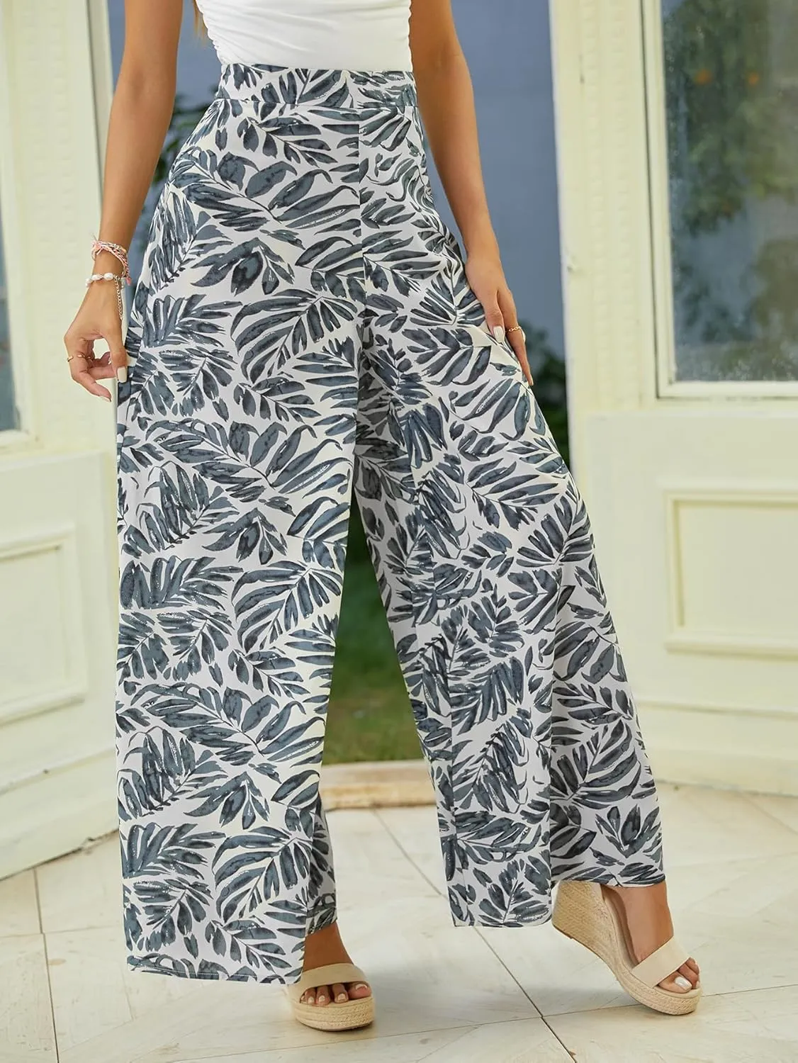 WDIRARA Women's Tropical Print High Waist Wide Leg Pants Boho Palazzo Pants