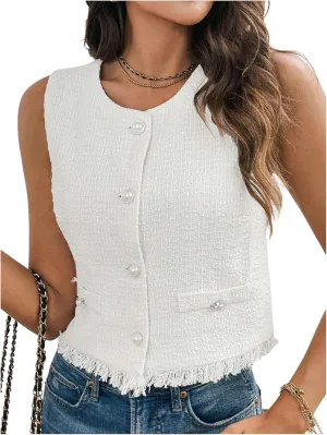 WDIRARA Women's Tweed Vest Button Down Sleeveless Vest Jacket Raw Hem Waistcoat