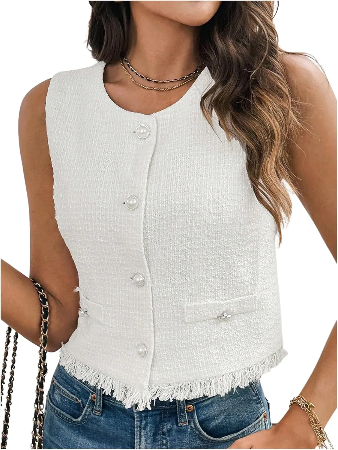WDIRARA Women's Tweed Vest Button Down Sleeveless Vest Jacket Raw Hem Waistcoat