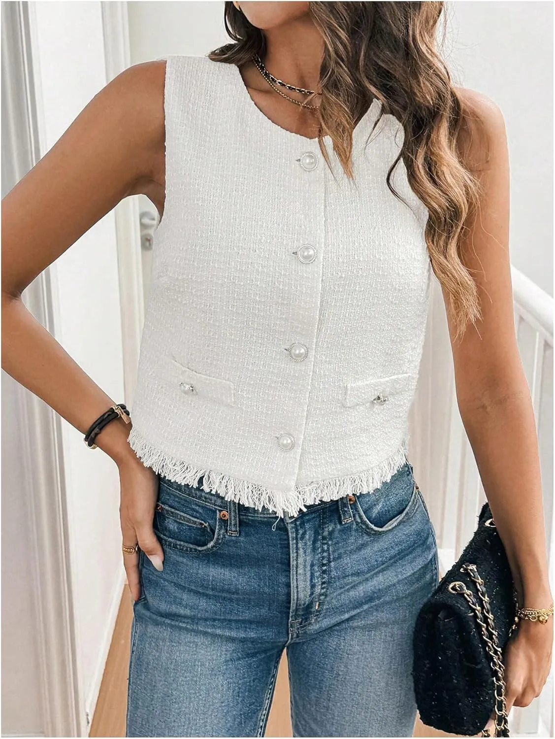 WDIRARA Women's Tweed Vest Button Down Sleeveless Vest Jacket Raw Hem Waistcoat