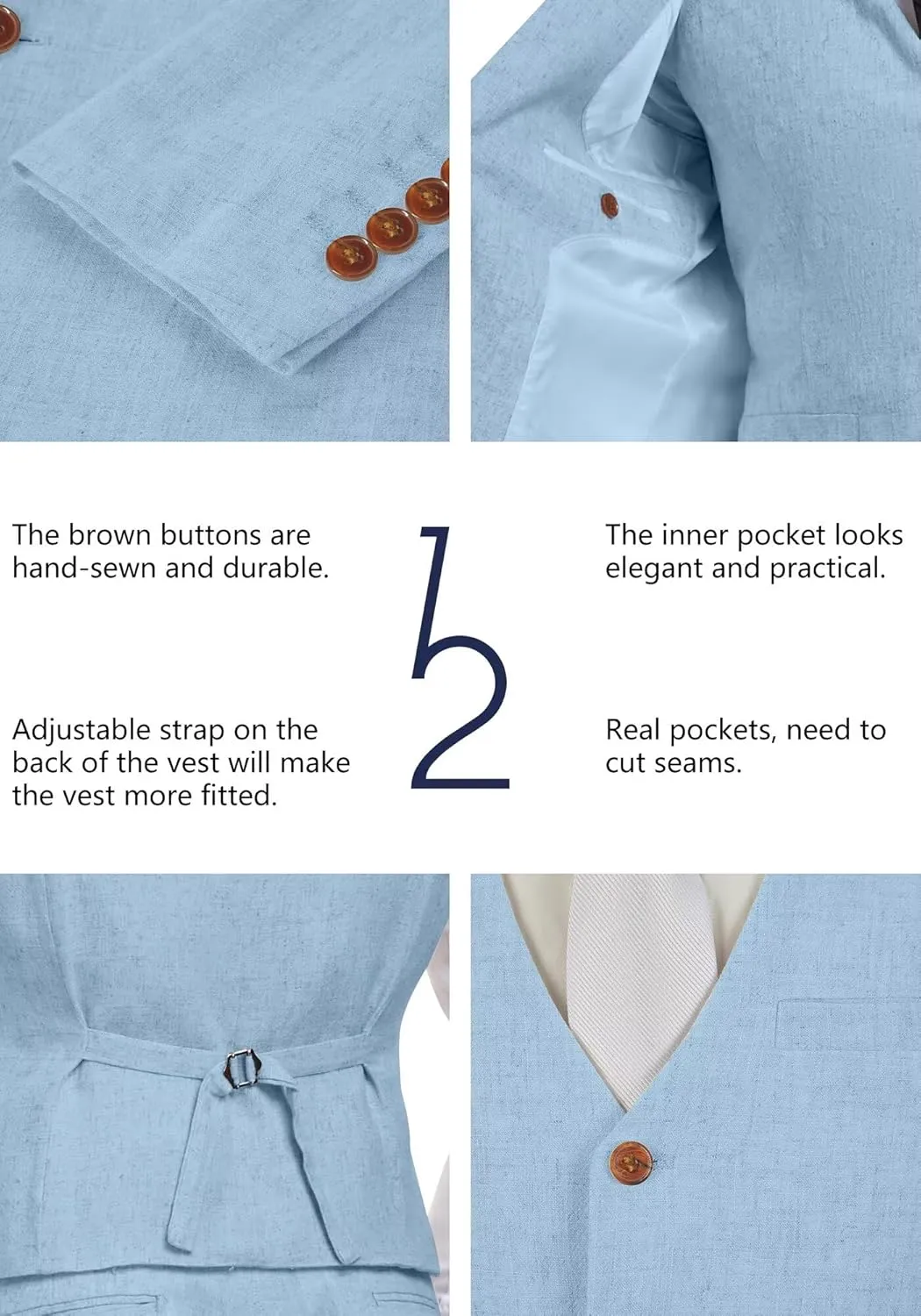 Wehilion Retro Linen Men Suit Beach Wedding Suit Summer Slim Fit 3 Pieces Light Weight Linen Suit Jacket Vest Pant Tuxedo