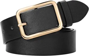 WERFORU Women Classic Black Leather Belt With Square Black Buckle For Jeans Pants,1.3" width