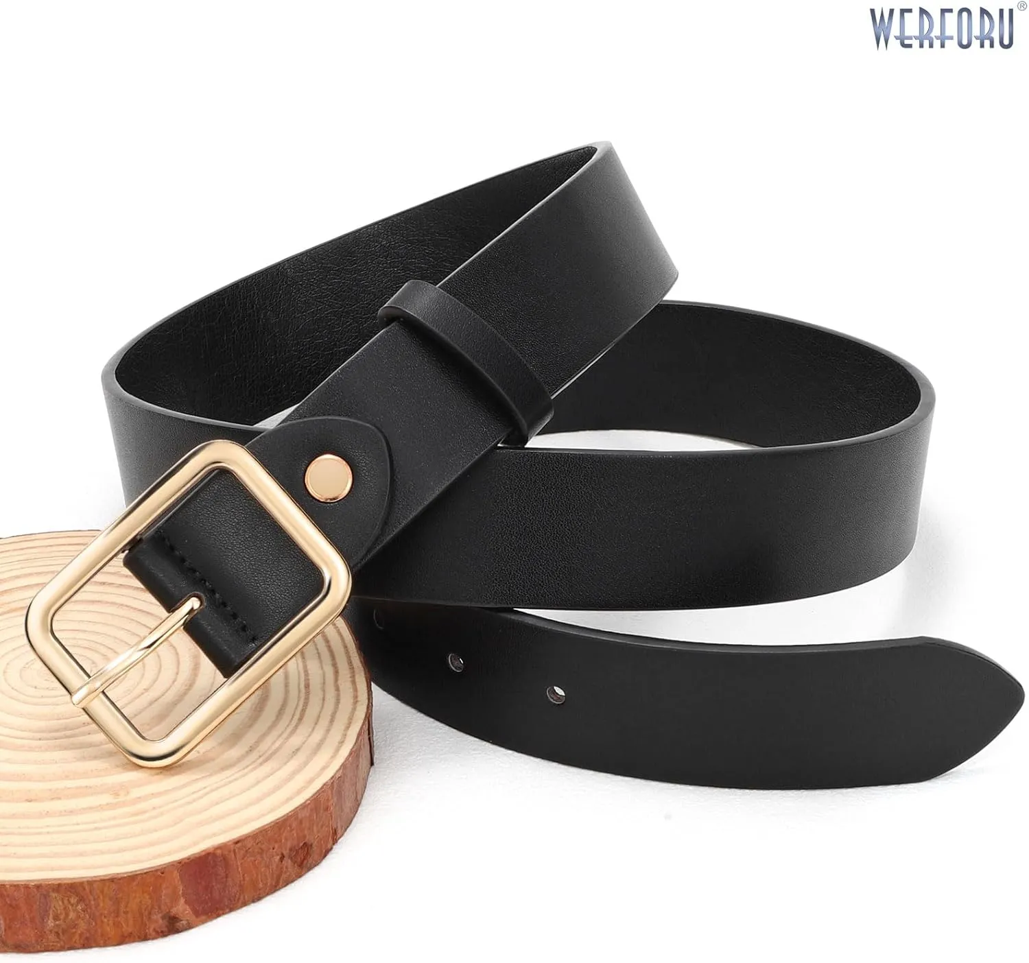 WERFORU Women Classic Black Leather Belt With Square Black Buckle For Jeans Pants,1.3" width