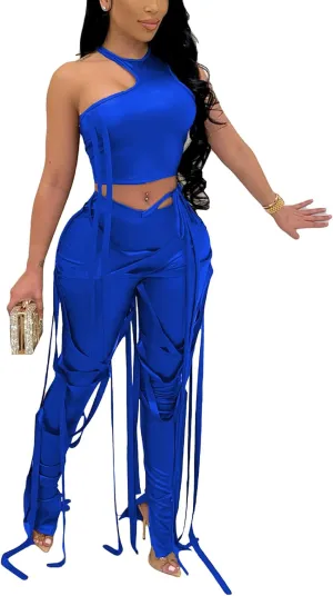 WOKANSE Women's Sexy 2 Piece Outfits Irregular Sleeveless Tank Top Solid Lace Up Split Bodycon Pants Set