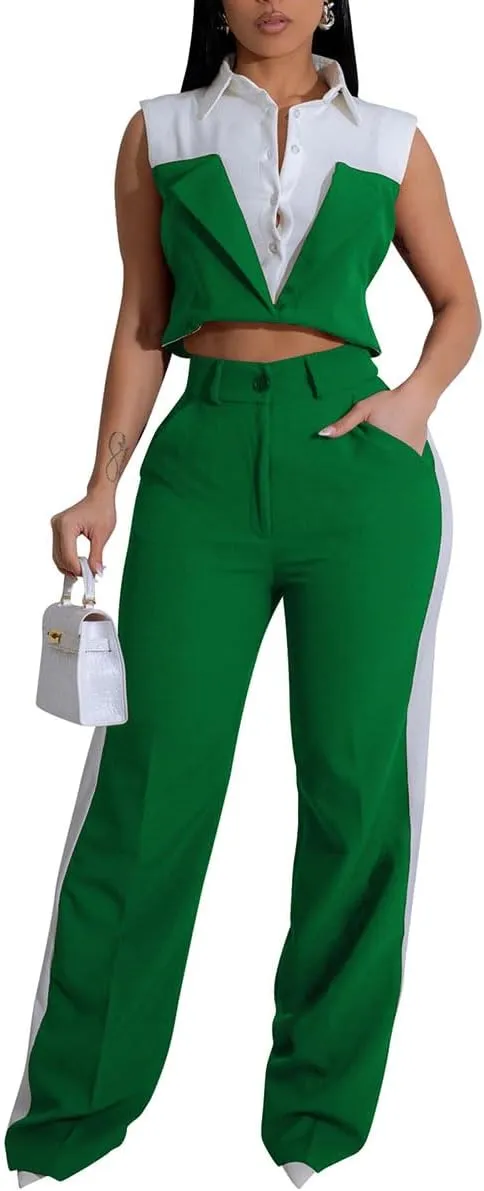 WOKANSE Womens Suits 2 Piece Set Business Sleeveless Lapel Fack Two Piece Shirt Wide Leg Long Pants Suit Set