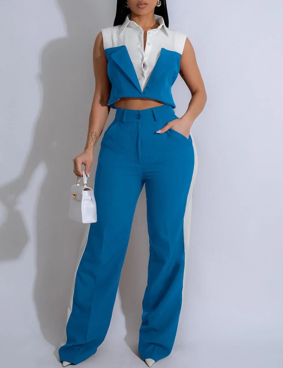 WOKANSE Womens Suits 2 Piece Set Business Sleeveless Lapel Fack Two Piece Shirt Wide Leg Long Pants Suit Set