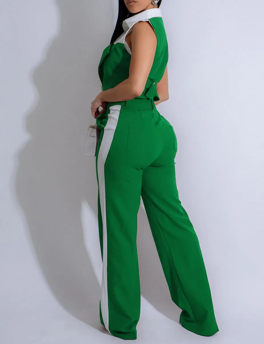 WOKANSE Womens Suits 2 Piece Set Business Sleeveless Lapel Fack Two Piece Shirt Wide Leg Long Pants Suit Set