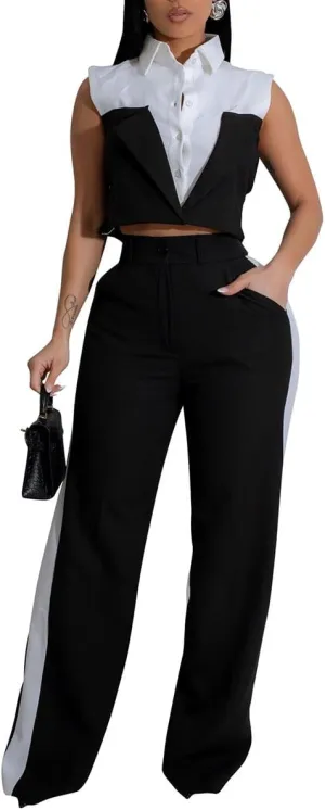 WOKANSE Womens Suits 2 Piece Set Business Sleeveless Lapel Fack Two Piece Shirt Wide Leg Long Pants Suit Set