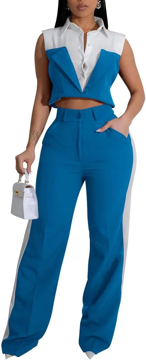 WOKANSE Womens Suits 2 Piece Set Business Sleeveless Lapel Fack Two Piece Shirt Wide Leg Long Pants Suit Set