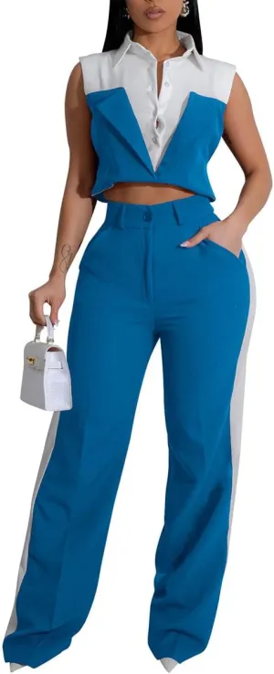 WOKANSE Womens Suits 2 Piece Set Business Sleeveless Lapel Fack Two Piece Shirt Wide Leg Long Pants Suit Set