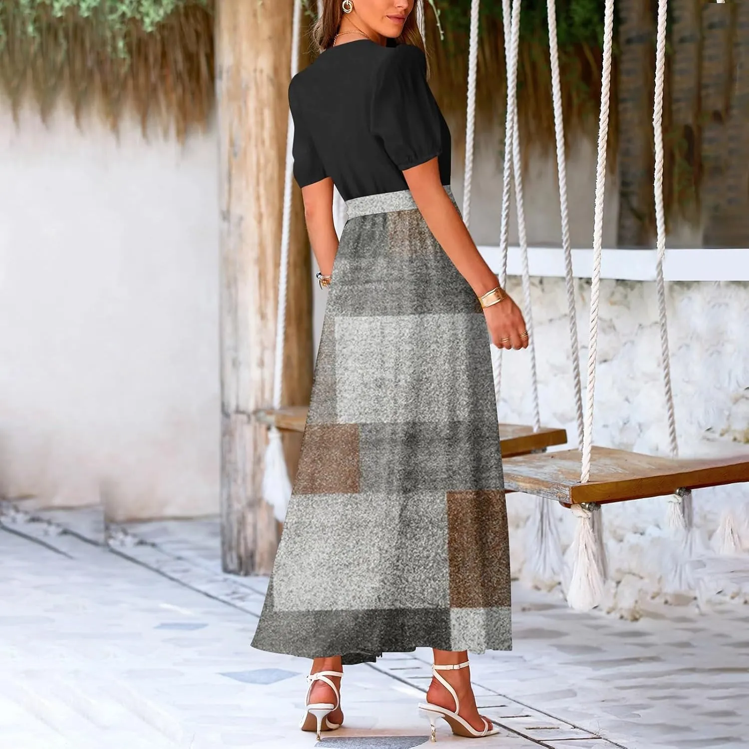 Women Casual Sleeveless Summer Dresses 2025 Spring Crewneck Patchwork Boho Floral Ruffle Cocktail Party Midi Dress