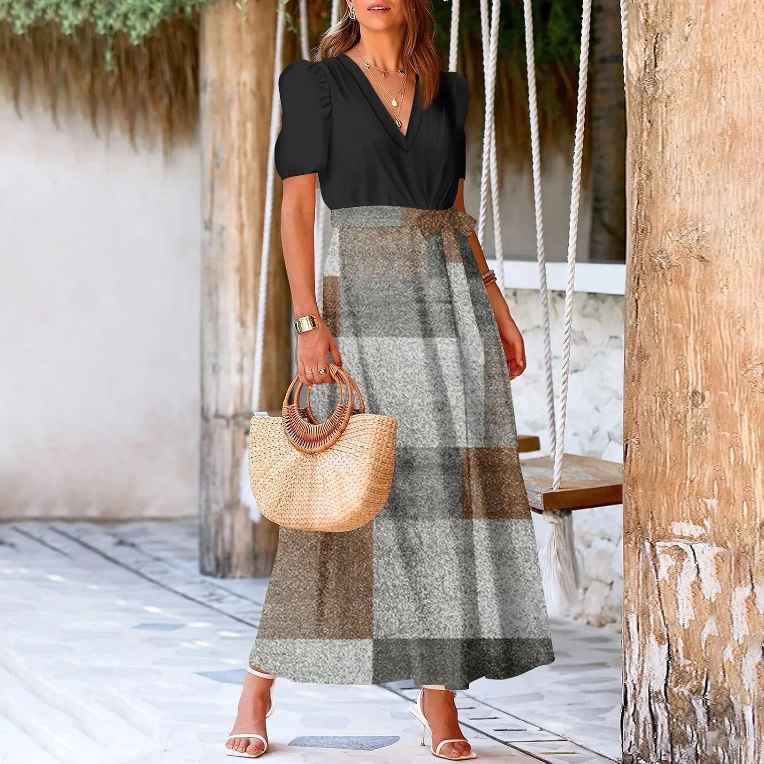 Women Casual Sleeveless Summer Dresses 2025 Spring Crewneck Patchwork Boho Floral Ruffle Cocktail Party Midi Dress