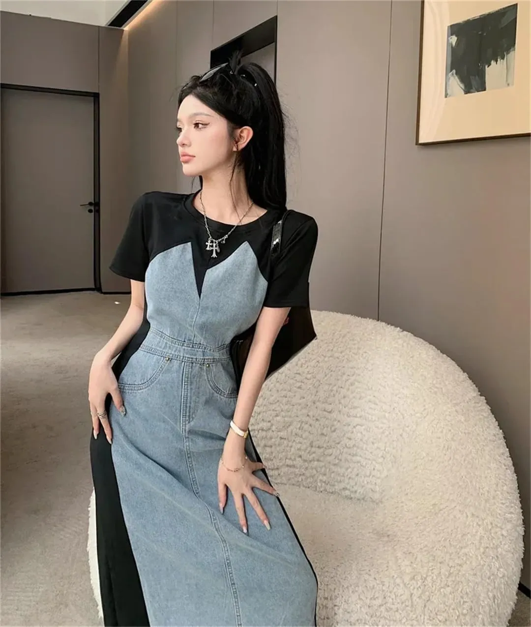 Women Fake Two Piece Denim Vestidos De Mujer Short Sleee Maxi Jeans Dress