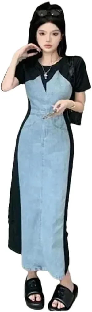 Women Fake Two Piece Denim Vestidos De Mujer Short Sleee Maxi Jeans Dress