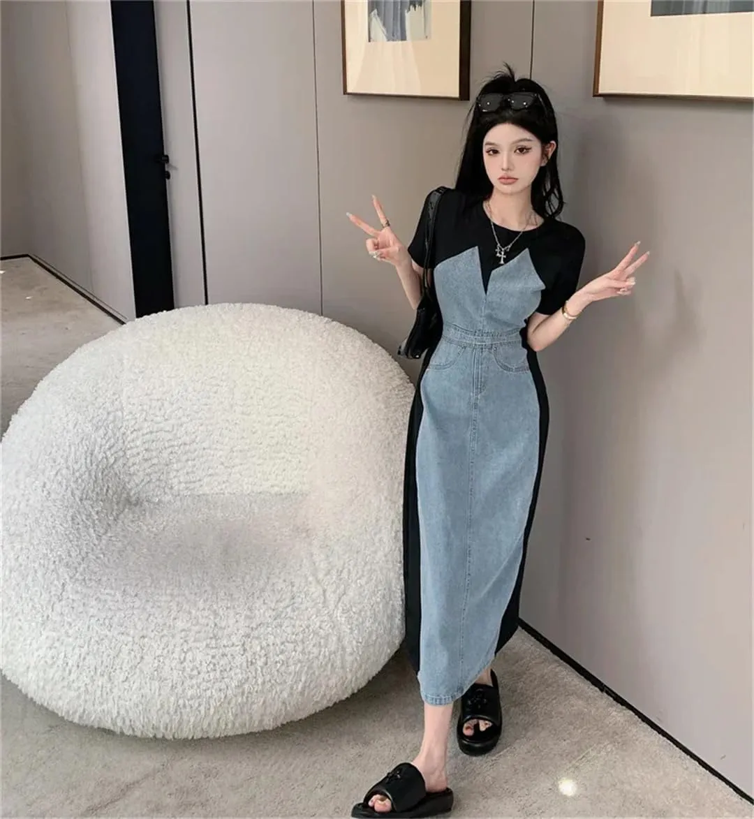Women Fake Two Piece Denim Vestidos De Mujer Short Sleee Maxi Jeans Dress