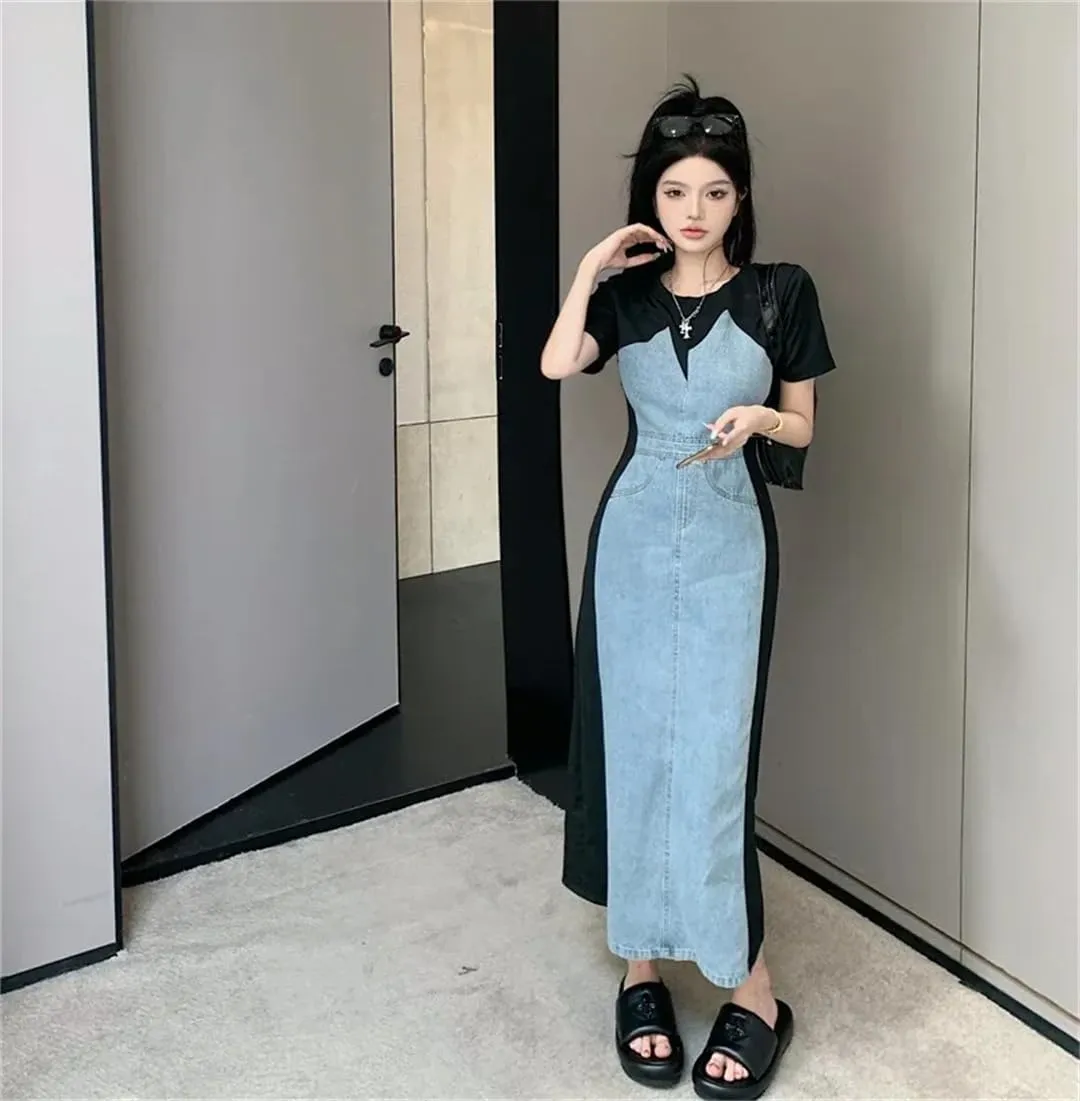 Women Fake Two Piece Denim Vestidos De Mujer Short Sleee Maxi Jeans Dress
