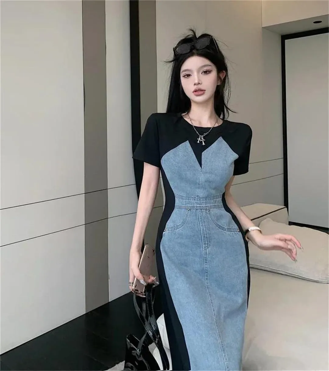 Women Fake Two Piece Denim Vestidos De Mujer Short Sleee Maxi Jeans Dress