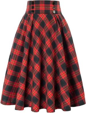 Women Fashion Casual Plaid Skirt Vintage High Waist Pleated Women Skirt Midi Skirts for Women Pleated Cheer