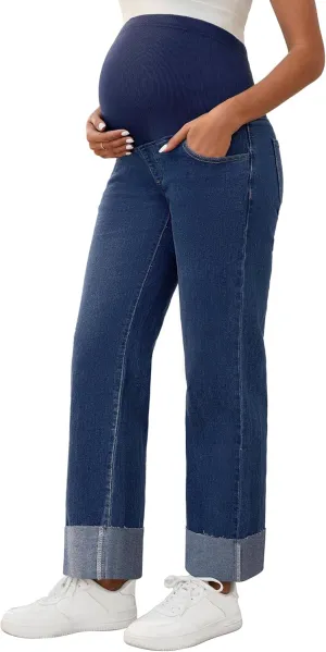 Women Maternity Jeans Straight Leg Cuffed Hem Stretchy Over The Belly Support Pregnancy Denim Pants