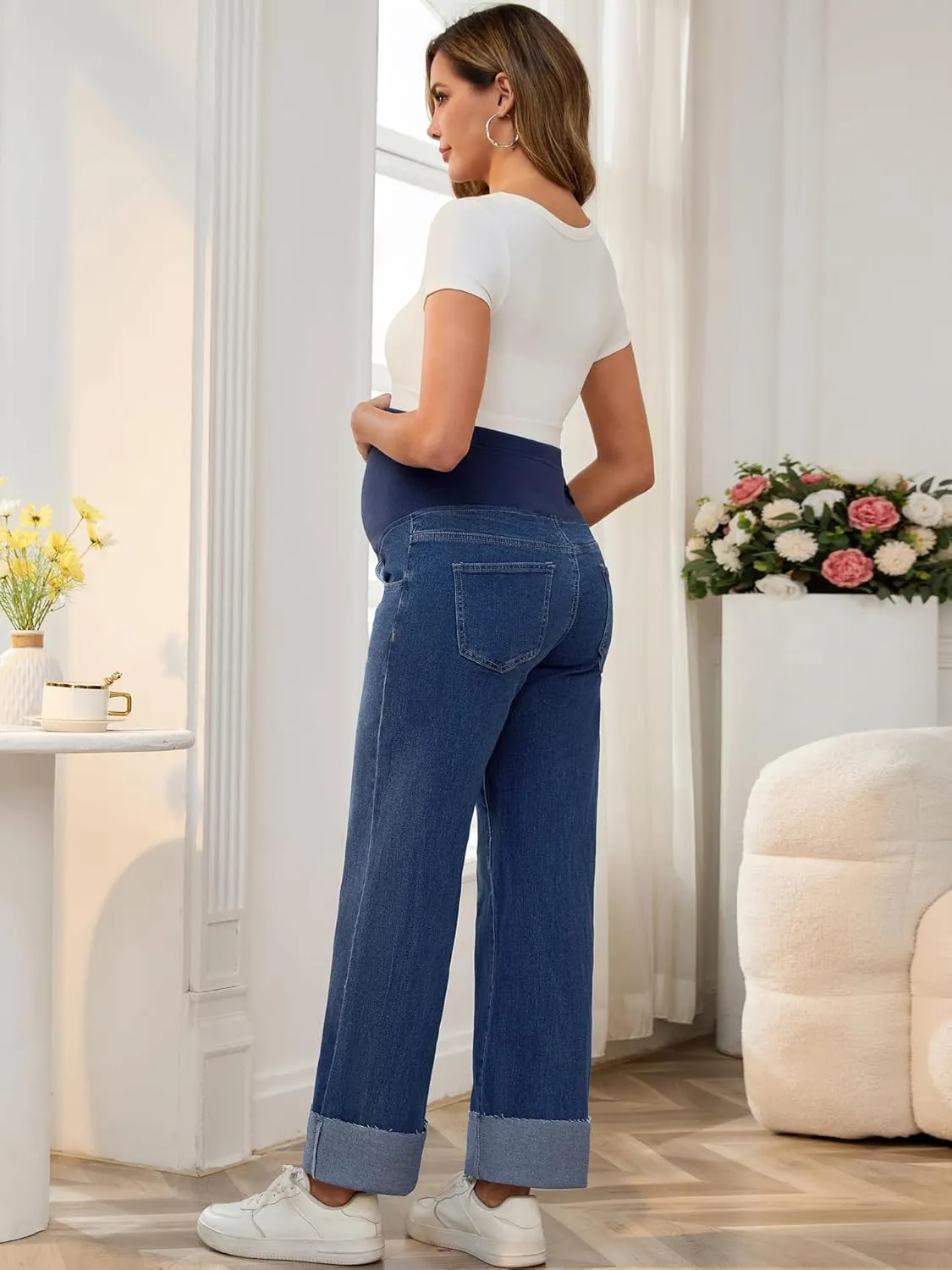 Women Maternity Jeans Straight Leg Cuffed Hem Stretchy Over The Belly Support Pregnancy Denim Pants